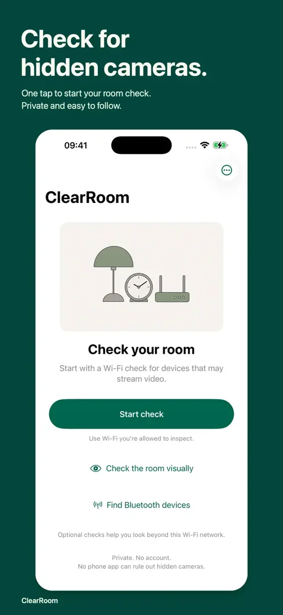 ClearRoom iPhone screen for checking hidden-camera clues