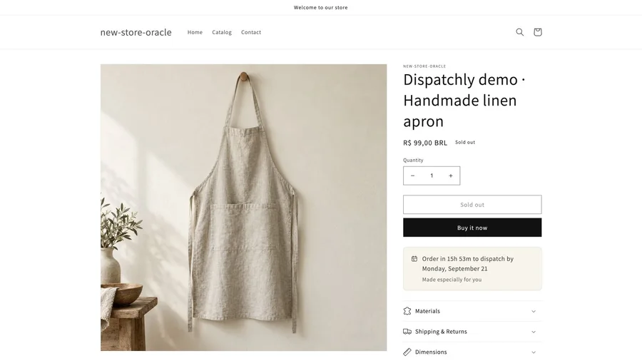 Dispatchly showing a dispatch date and cutoff countdown on a Shopify product page