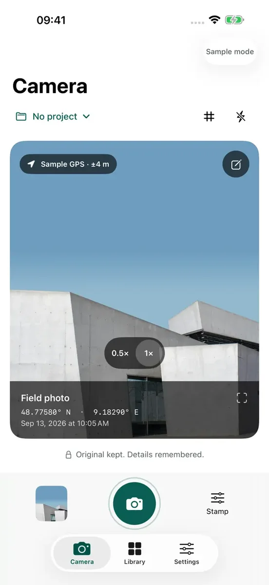 Fieldnote GPS camera with location accuracy and capture details