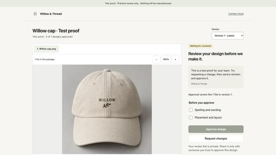 ProofTable customer proof review with artwork and approval checklist