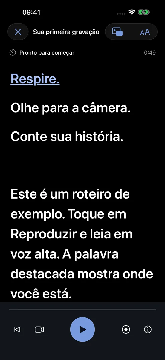 Leitor de teleprompter do Sopro com roteiro e controles de reprodução