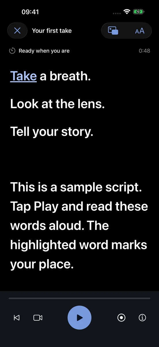 Sopro teleprompter reader with script and playback controls