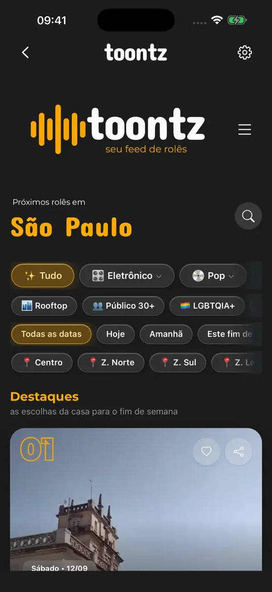 Toontz live-music event feed on iPhone