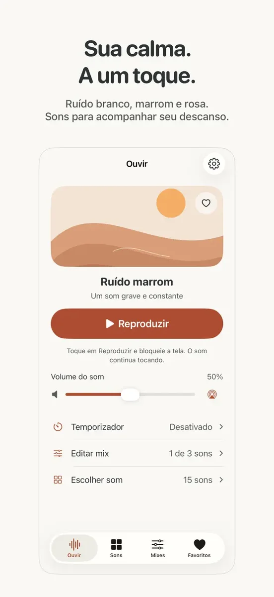 White Noise reproduzindo um som com controles de timer